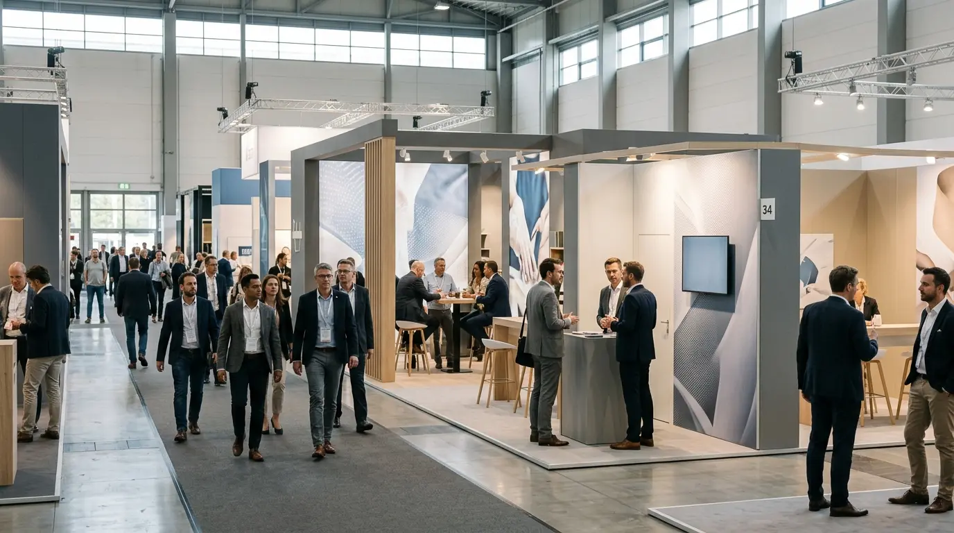 Exhibition hall with branded stands and attendees walking the floor