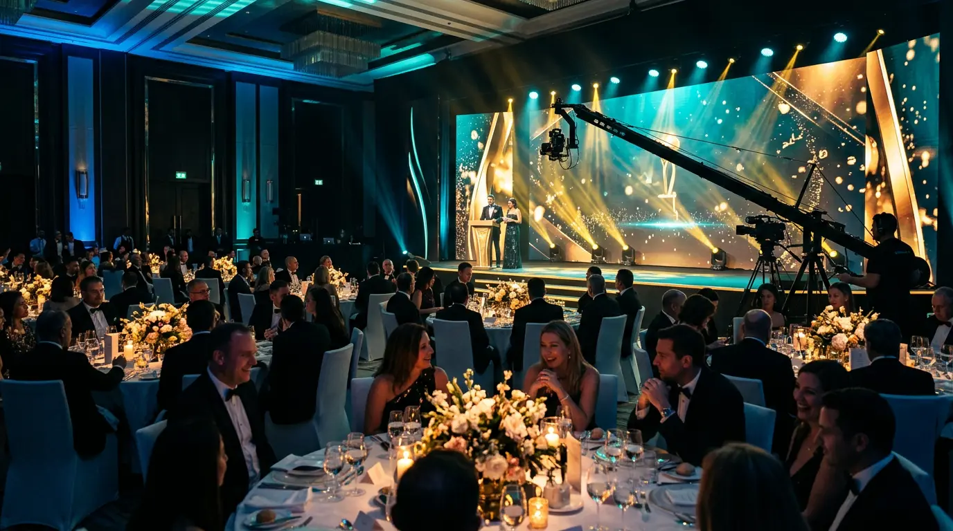 Gala dinner stage with lighting and camera crane for a live awards ceremony