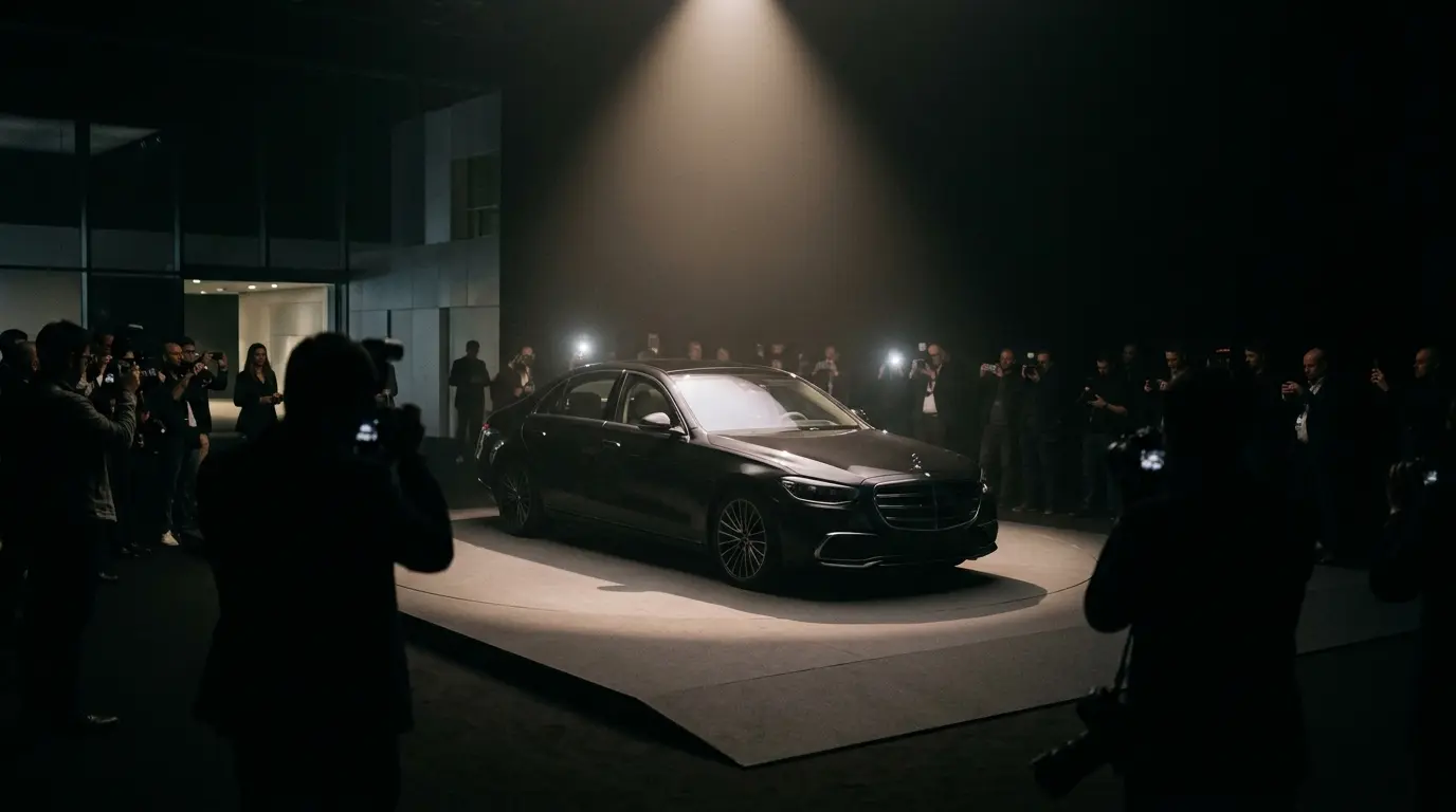 Product reveal staged for press photography under a single spotlight