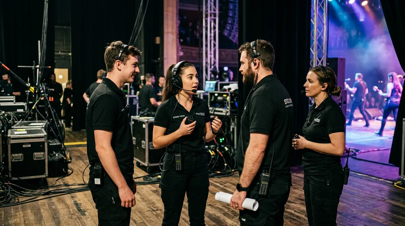 Show crew on headsets and radios coordinating backstage during a live event