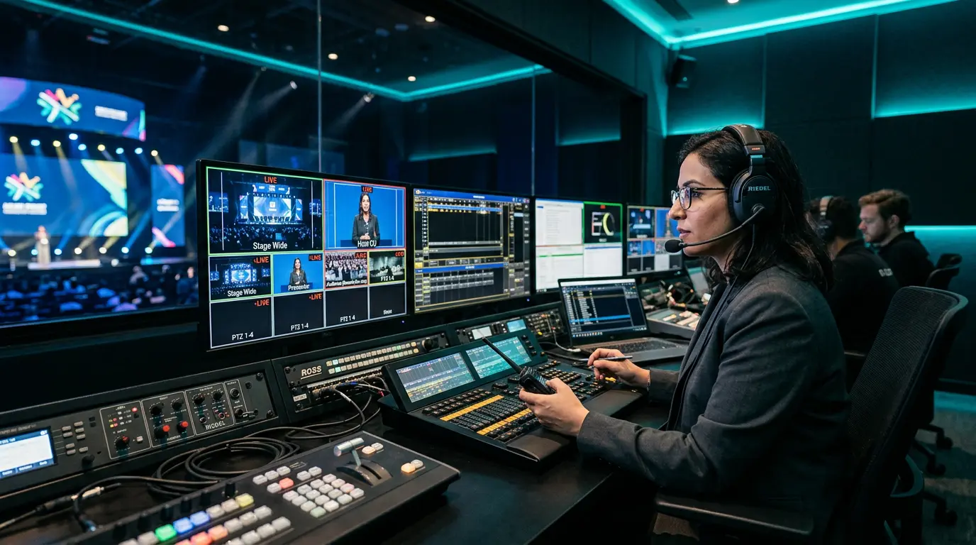 Broadcast control room operator directing a live show